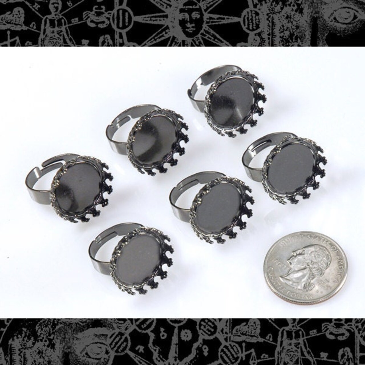 Gunmetal Finish Filigree Ring Blanks with 20mm Round Settings - Set of Six - RING7